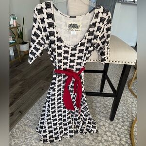 Effie's Heart Black and White Typewriter Pattern Cotton Dress with Red Belt, XL